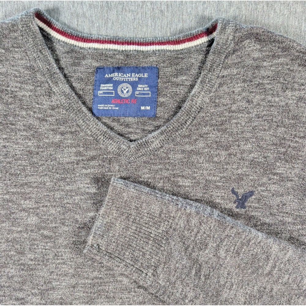 AMERICAN EAGLE Athletic Fit Mens Sweater Med Gray V Neck Pullover Y2K Preppy